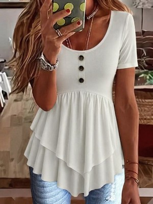 Gökyüzü Moda Kadın Kısa Kollu Yuvarlak Yakalı Düğmeli Önden Asimetrik Kesim Detaylı Viskon Bluz