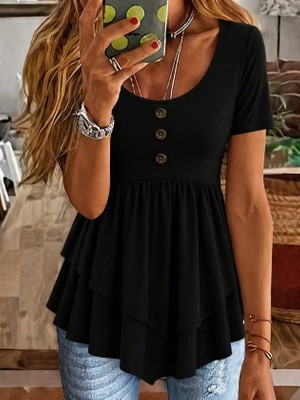 Cotton Lab Cottonlab Kadın Kısa Kollu Yuvarlak Yakalı Düğmeli Önden Asimetrik Kesim Detaylı Viskon Bluz