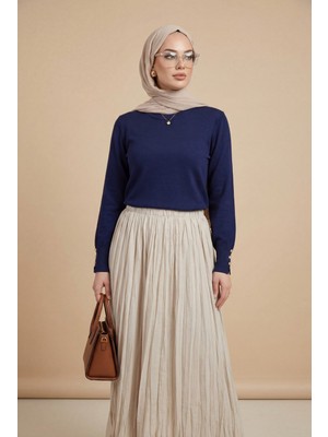 Moda Morfo Yuvarlak Yaka Kolu Düğme Detaylı Triko Tunik  -İndigo