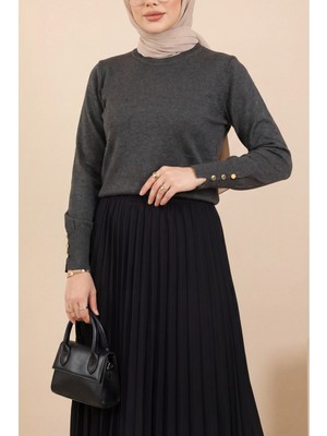 Moda Morfo Yuvarlak Yaka Kolu Düğme Detaylı Triko Tunik  -Füme