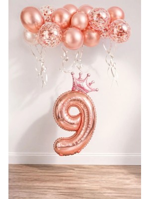 Patladı Gitti Rakam Rose Gold Folyo Balon, Kral Tacı ve Konfetili Rose Gold Balon