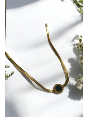 Luna Jewelry Kadın Gold Renk Roma Rakamlı Siyah Taşlı Italyan 316 L Çelik Zincir Kolye
