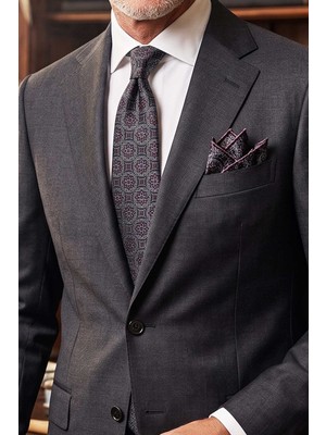 Kravatkolik Siyah - Füme Motif Desen Mendilli Klasik Kravat KK12679