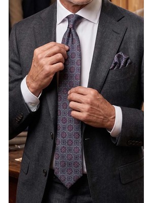 Kravatkolik Füme - Bordo Motif Desen Mendilli Klasik Kravat KK12677