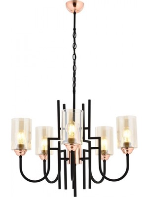 Avonni AV-4163-5BSY Siyah Boya Modern Avize E27 Metal Cam H: 100 cm, Ø: 62 cm