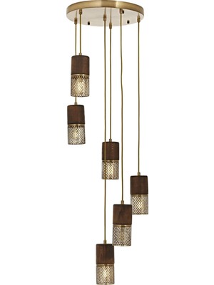 Avonni AV-1830-6ET Eskitme Kaplama Modern Avize E27 Metal Ahşap H: 140 cm, Ø: 40 cm