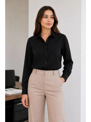 Beta Moda Hub Kadın Uzun Kol Gömlek Düğmeli Klasik Yaka Günlük ve Ofis Şıklığına Uygun - Siyah
