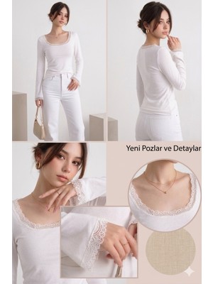 LUFTHİMM Dantelli  Viskon   Kare   Yaka   Uzun  Kollu  Bluz