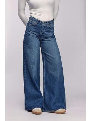Saade Mavi Kadın Yüksek Bel Wide Leg Bol Paça Jean Pantolon - '90 Vintage