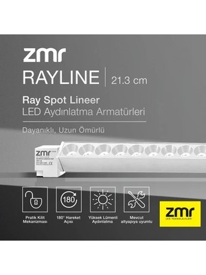 Zmr Rayline Mercekli Beyaz 10W 21.3 CM 3000K CRI 80 Pratik Kilit Mekanizması Ray Spot Lineer LED Aydınlatma