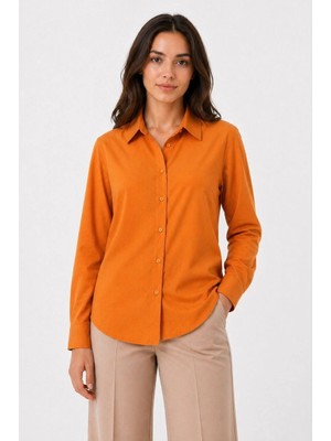 Beta Moda Hub Kadın Uzun Kol Gömlek Düğmeli Klasik Yaka Günlük ve Ofis Şıklığına Uygun - Turuncu