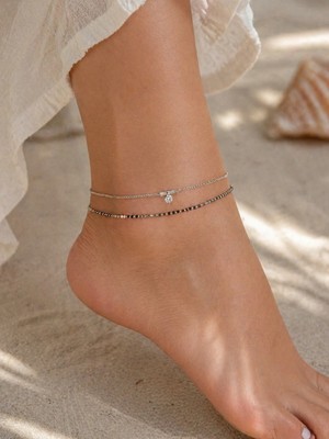 Bymiel Zirkon Taşlı Çift Sıralı Zarif Fiyonk Tasarım Halhal – Gümüş Renk