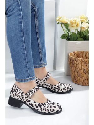 No 35 Moda Tek Bant Yüksek Taban Babet Bej - Leopar 36