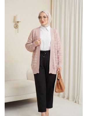 Moda Morfo Desenli Araboy Örme Triko Hırka  -Pudra