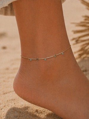 Bymiel Zirkon Taşlı Yıldız Yıldız Detaylı Turkuaz Boncuklu Halhal