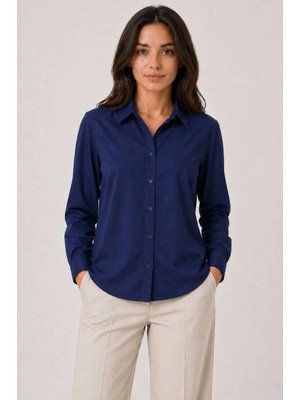 Pileli Store Kadın Uzun Kol Gömlek Düğmeli Klasik Yaka Günlük ve Ofis Şıklığına Uygun - Lacivert