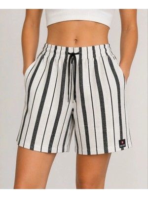 Alfanora Kadın Çizgili Dokuma Yazlık Şort Yüksek Bel Lastikli Bel Bağcıklı Rahat Kalıp Günlük Şort - Ekru