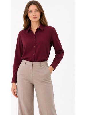 Pileli Store Kadın Uzun Kol Gömlek Düğmeli Klasik Yaka Günlük ve Ofis Şıklığına Uygun - Bordo