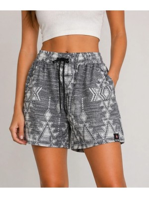 Alfanora Kadın Etnik Desenli Dokuma Şort Yüksek Bel Lastikli Bağcıklı Cepli Yazlık Rahat - Gri