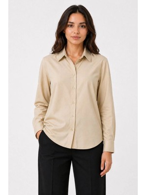 Pileli Store Kadın Uzun Kol Gömlek Düğmeli Klasik Yaka Günlük ve Ofis Şıklığına Uygun - Bej