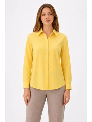 Pileli Store Kadın Uzun Kol Gömlek Düğmeli Klasik Yaka Günlük ve Ofis Şıklığına Uygun - Sarı