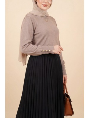 Moda Morfo Yuvarlak Yaka Kolu Düğme Detaylı Triko Tunik  -Açık Kahve