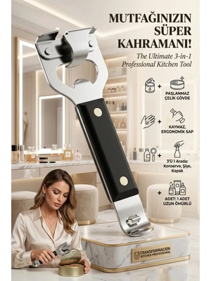Transformacion 3’ü 1 Arada Konserve Açacağı Paslanmaz Çelik Malzemeden Ergonomik Siyah Saplı