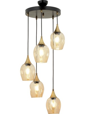 Avonni AV-65234-5T-BSY Siyah Boya Modern Avize E27 Metal Cam H: 75 cm, Ø: 40 cm