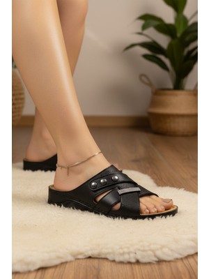 Enoch Kadın Siyah Çapraz Bantlı Işıltılı Taş Şeritli ve Üçlü Bant Detaylı Anatomik Comfort Terlik