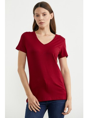Sementa V Yaka Dökümlü Basic Tişört - Bordo