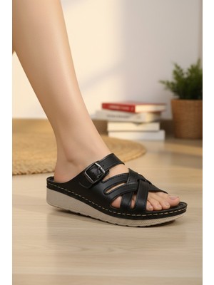 Enoch Kadın Çoklu Çapraz Örgü Bantlı ve Ayarlanabilir Tokalı Anatomik Comfort Terlik