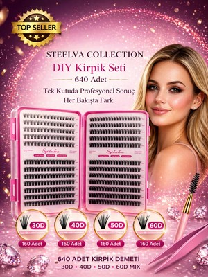 Steelva Takma Kirpik Seti Yapıştırıcı, ve Kirpik Fırçasıyla 640 Adet Kirpik Tutamı ( Özel Koleksiyon)
