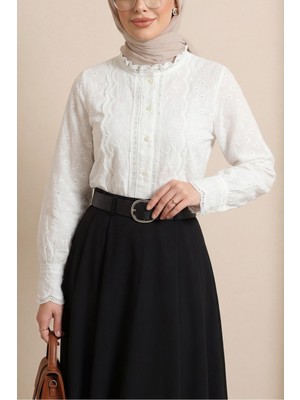 Moda Morfo Brode İşlemeli Vintage Gömlek Bluz  -Beyaz