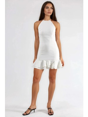 Hiccup Kadınlar Fırfırlı A-Line Bengalin Elbise Tozlu Beyaz