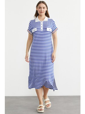 Sementa Çizgili Marine Midi Boy Elbise - Saks