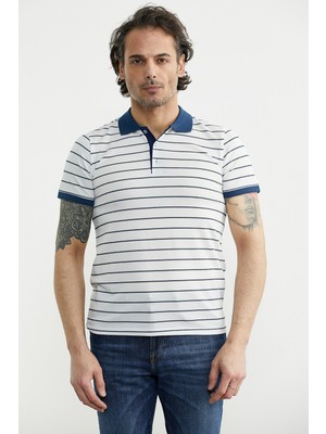 Sementa Polo Yaka Çizgili Pike Kumaş Tişört - Beyaz - Indigo