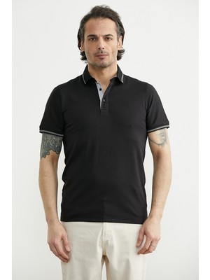 Sementa Polo Yaka Pike Kumaş Tişört - Siyah