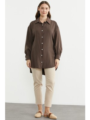 Sementa Tencel Arkası Uzun Oversize Gömlek - Kahve