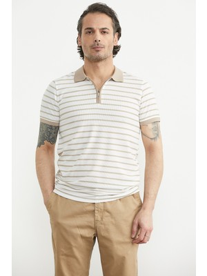 Sementa Polo Yaka Çizgili Regular Fit Tişört - Bej