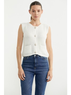 Sementa Düğmeli Crop Triko Yelek - Ekru