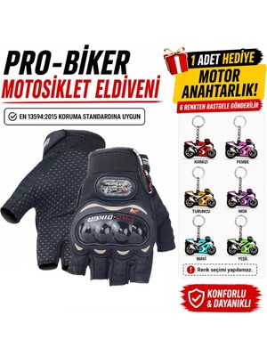 Probiker Darbeli Bedenli Motosiklet Eldiveni (Anahtarlık Hediyeli) En 13594: 2015 Koruma Standardına Uygun Yarım Parmak - Renk: Siyah | Beden: M