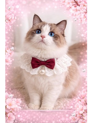 Steelva Fiyonk Papyonlu ve Incili Kedi Kıyafeti Bordo (Tasması,bandanası)