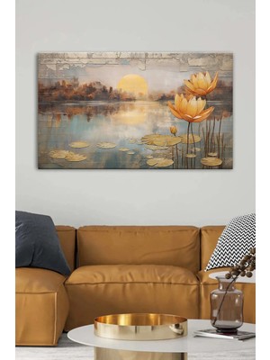 Lona Sanat Gün Batımı Lotus Çiçekler Yağlı Boya Efektli Kanvas Tablo Salon Oturma Yatak Odası Ofis Antre 0179