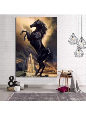 Lona Sanat Yağlı Boya Görünümlü Şaha Kalkmış Siyah At Kanvas Tablo Premium Kalite