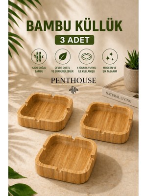 Penthouse Kare Doğal Bambu Küllük 4 Yuvalı Dayanıklı ve Şık Masaüstü Küllük 9,5 cm
