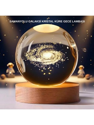 Pileli Store Samanyolu Desenli Kristal Küre Ahşap Standlı Gün Işığı LED Masa Lambası