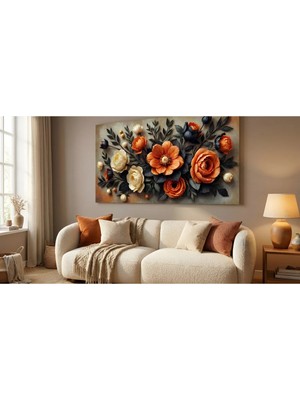 Lona Sanat Turuncu & Krem Çiçek Kanvas Tablo – Modern Salon Duvar Dekoru | Kabartma Görünümlü Premium Canvas
