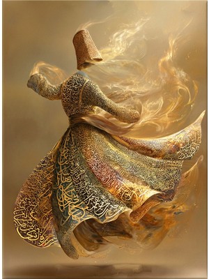 Lona Sanat Altın Detaylı Semazen Kanvas Tablo – Hat Sanatı Sufi Derviş Modern Dekoratif Duvar Tablosu