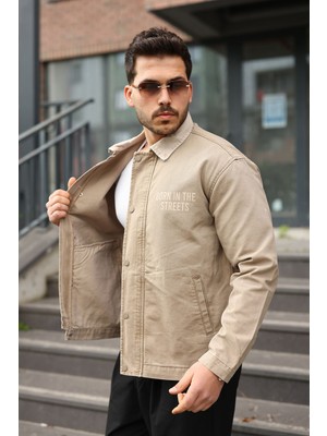 Little Cup Jeans Co Erkek Regular Fermuarlı, Çıtçıtlı ve Baskılı Vizon Canvas Ceket