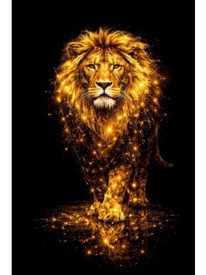 Lona Sanat Gold Aslan Tablo – Siyah Arka Plan Lüks Kanvas – Modern Salon Duvar Dekoru – Premium Aslan Tasarım
